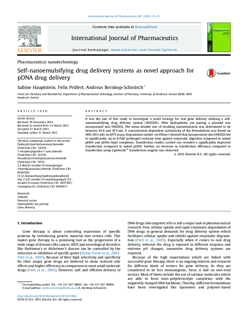 Pharmaceutical nanotechnologySelf-nanoemulsifying drug delivery systems as novel approach for pDNA drug delivery