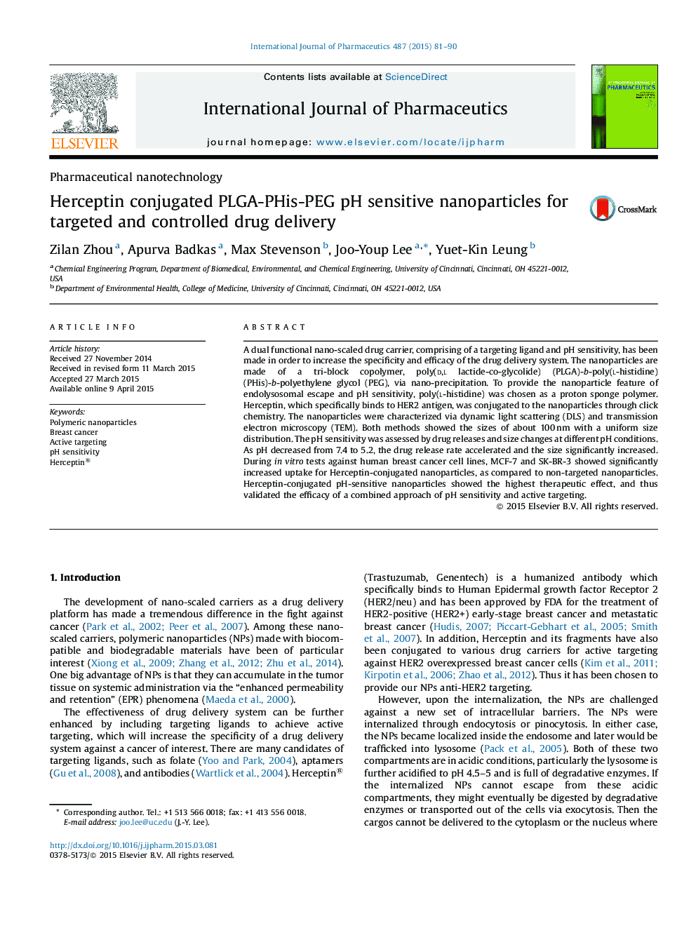 Herceptin conjugated PLGA-PHis-PEG pH sensitive nanoparticles for targeted and controlled drug delivery