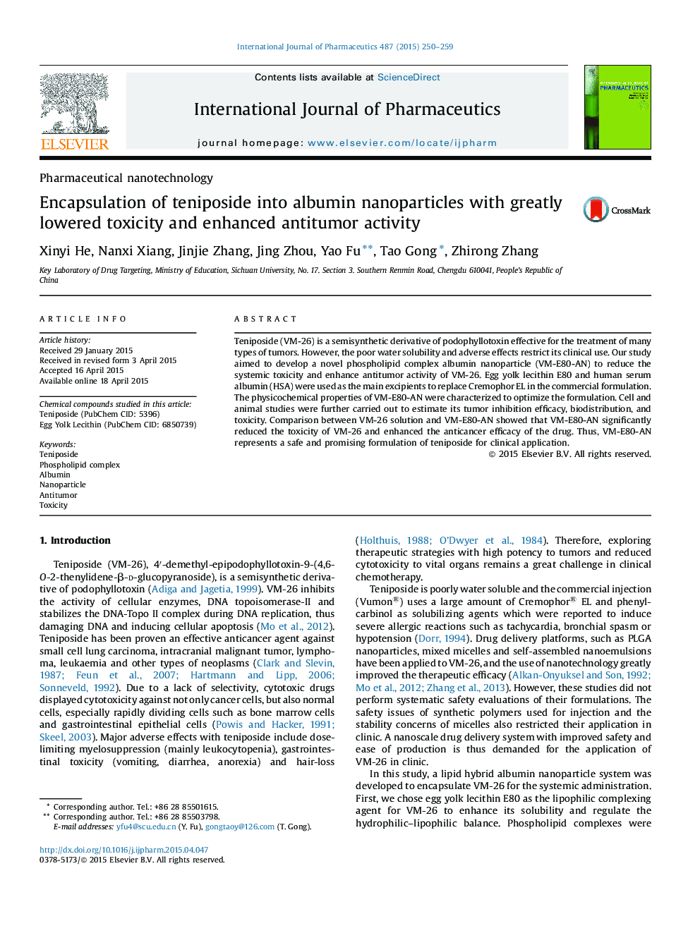 Encapsulation of teniposide into albumin nanoparticles with greatly lowered toxicity and enhanced antitumor activity