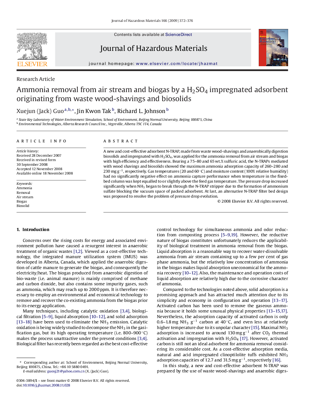 Ammonia removal from air stream and biogas by a H2SO4 impregnated adsorbent originating from waste wood-shavings and biosolids