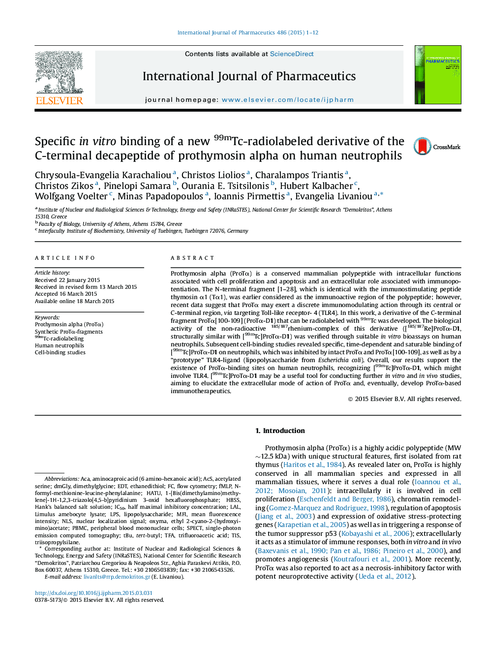 Specific in vitro binding of a new 99mTc-radiolabeled derivative of the C-terminal decapeptide of prothymosin alpha on human neutrophils