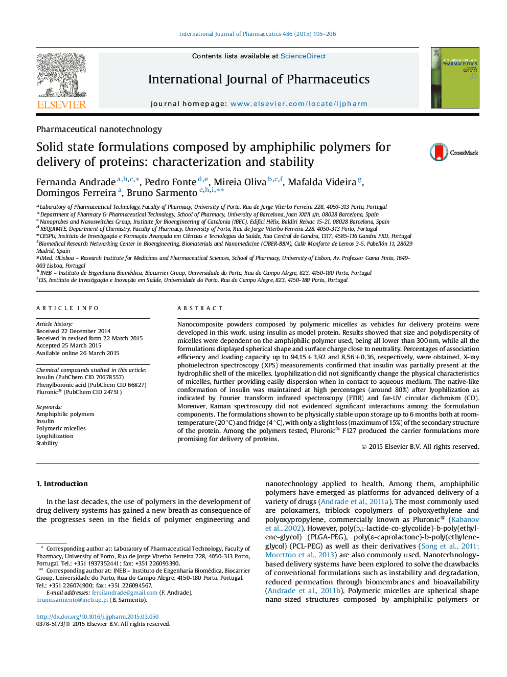 Pharmaceutical nanotechnologySolid state formulations composed by amphiphilic polymers for delivery of proteins: characterization and stability