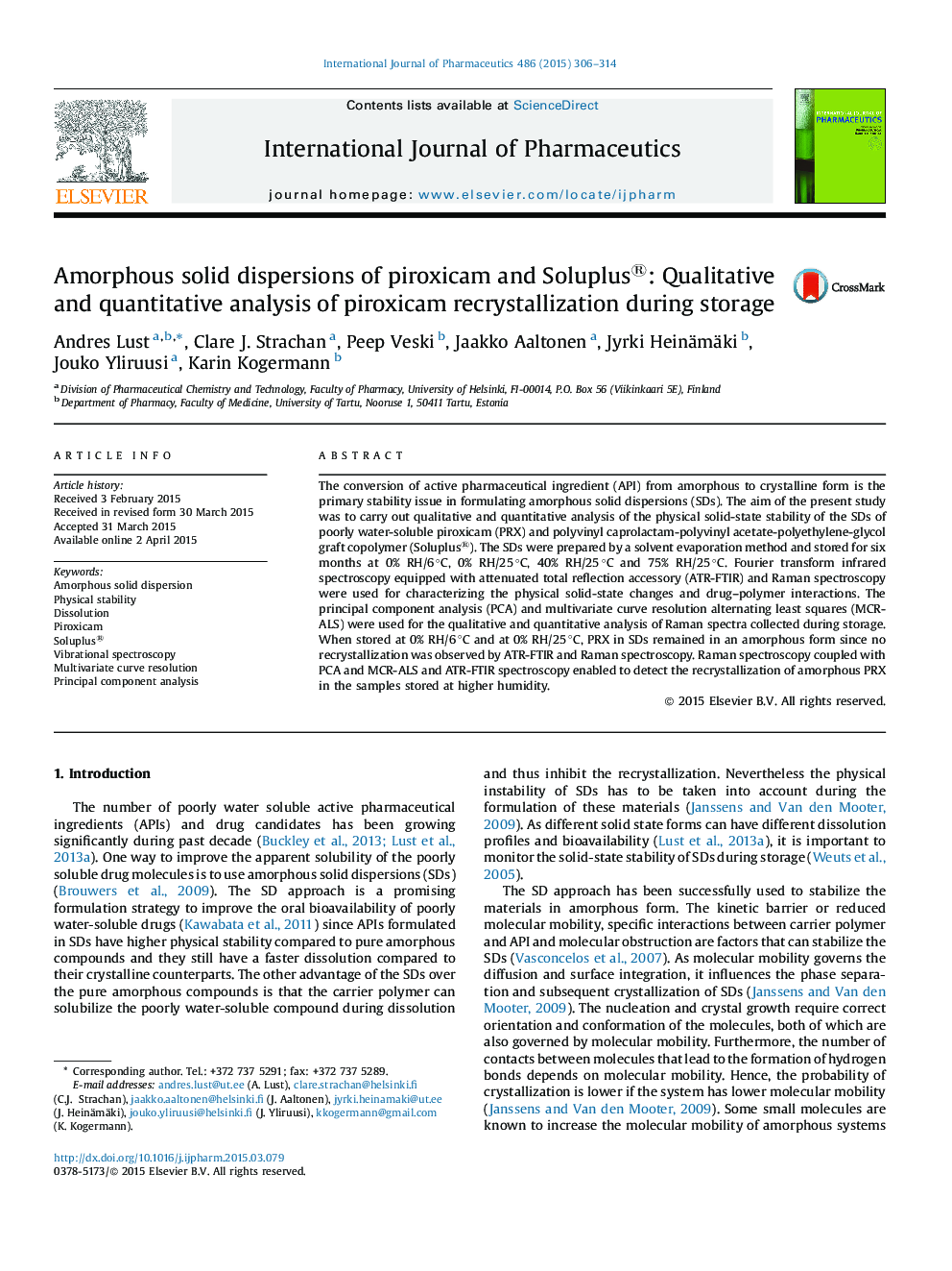 Amorphous solid dispersions of piroxicam and Soluplus®: Qualitative and quantitative analysis of piroxicam recrystallization during storage