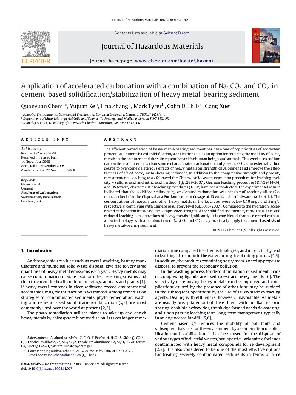 Application of accelerated carbonation with a combination of Na2CO3 and CO2 in cement-based solidification/stabilization of heavy metal-bearing sediment