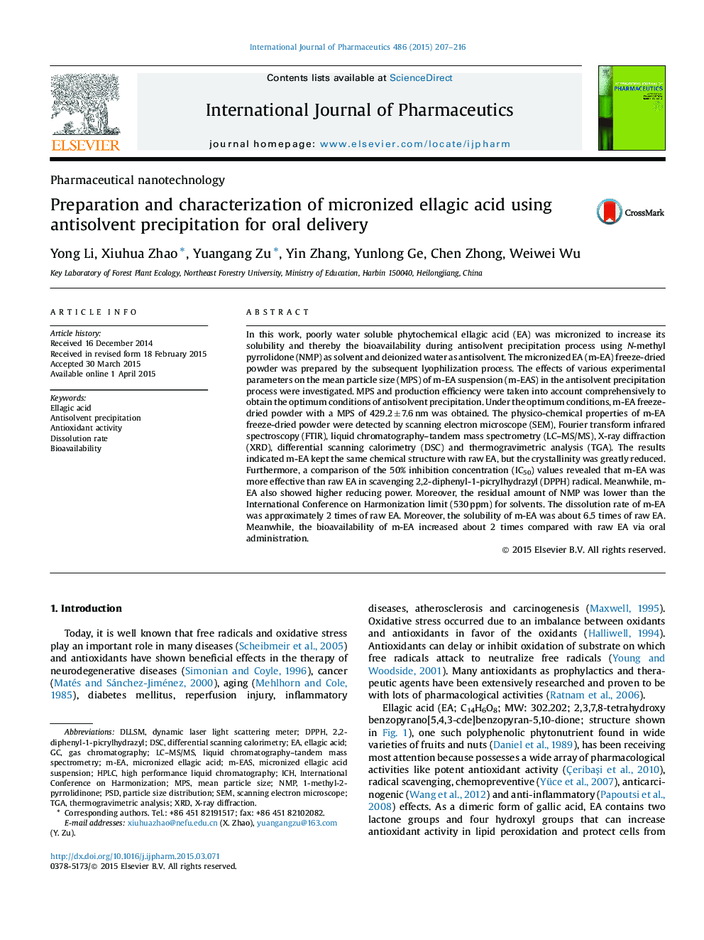 Preparation and characterization of micronized ellagic acid using antisolvent precipitation for oral delivery