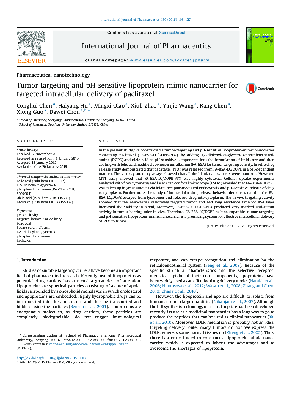 Pharmaceutical nanotechnologyTumor-targeting and pH-sensitive lipoprotein-mimic nanocarrier for targeted intracellular delivery of paclitaxel