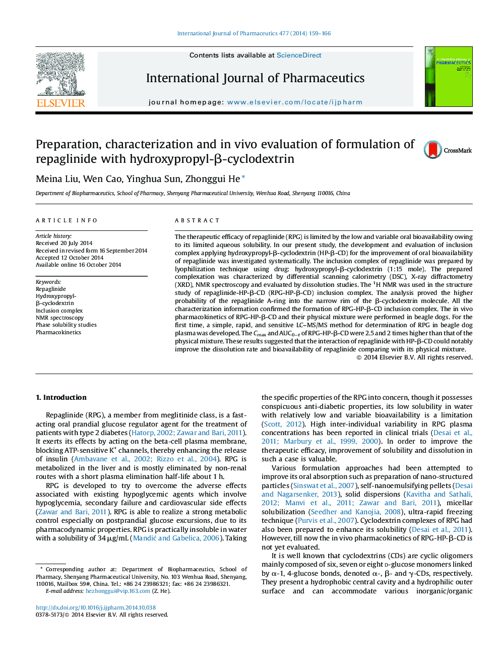 Preparation, characterization and in vivo evaluation of formulation of repaglinide with hydroxypropyl-Î²-cyclodextrin