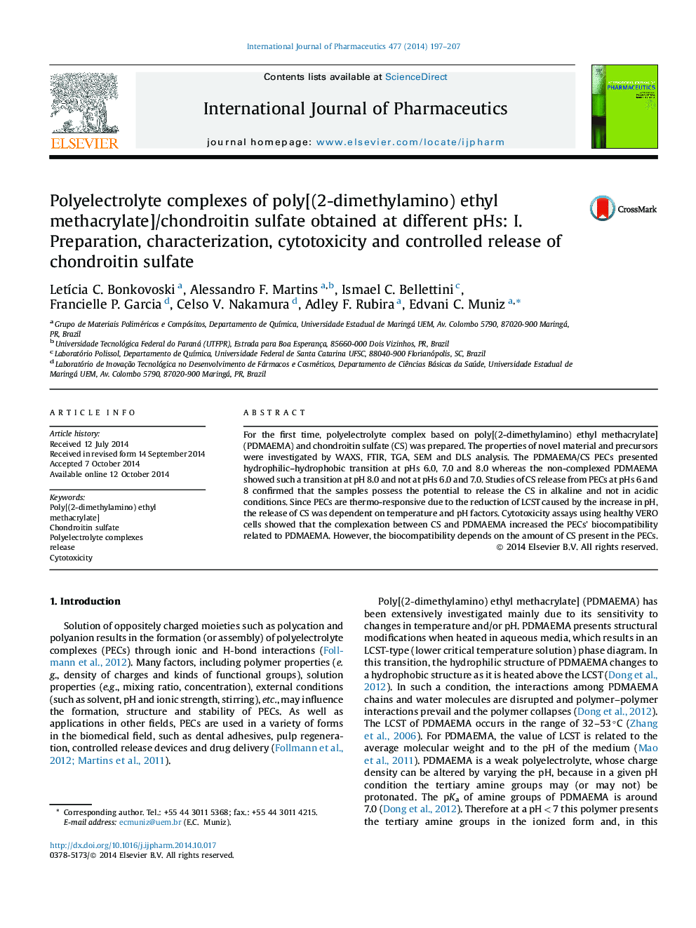 Polyelectrolyte complexes of poly[(2-dimethylamino) ethyl methacrylate]/chondroitin sulfate obtained at different pHs: I. Preparation, characterization, cytotoxicity and controlled release of chondroitin sulfate