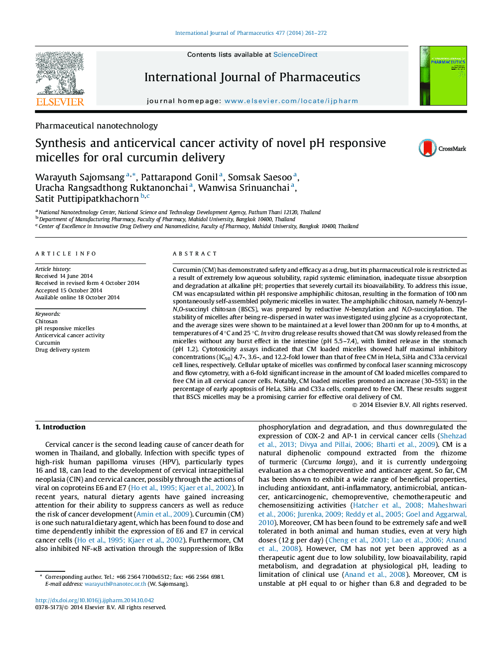 Synthesis and anticervical cancer activity of novel pH responsive micelles for oral curcumin delivery