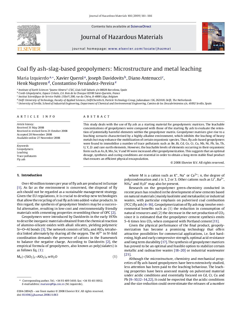 Coal fly ash-slag-based geopolymers: Microstructure and metal leaching