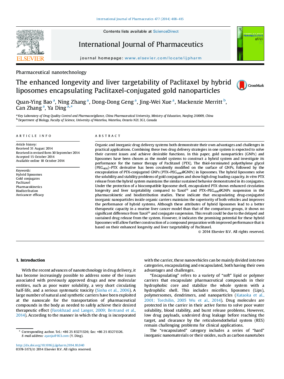 The enhanced longevity and liver targetability of Paclitaxel by hybrid liposomes encapsulating Paclitaxel-conjugated gold nanoparticles