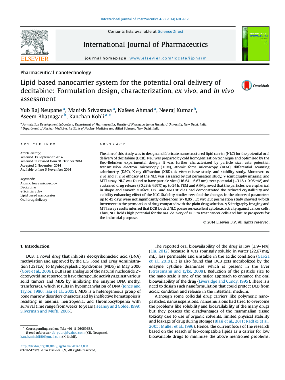 Lipid based nanocarrier system for the potential oral delivery of decitabine: Formulation design, characterization, ex vivo, and in vivo assessment