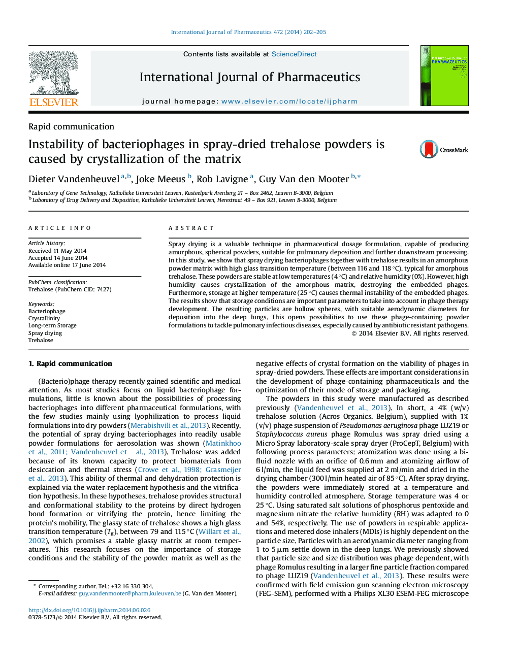 Instability of bacteriophages in spray-dried trehalose powders is caused by crystallization of the matrix