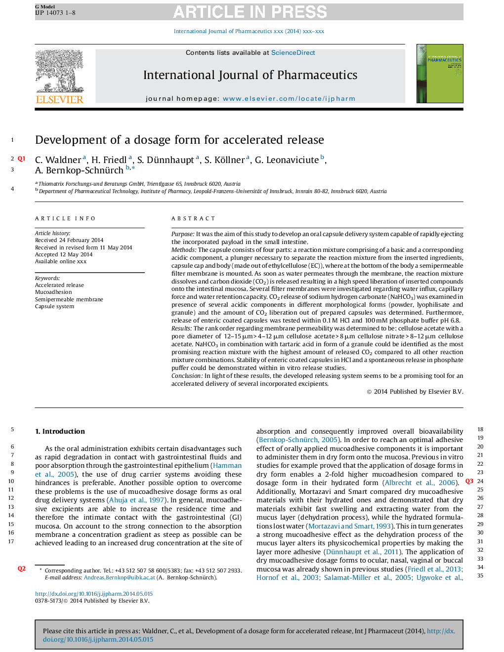 Development of a dosage form for accelerated release