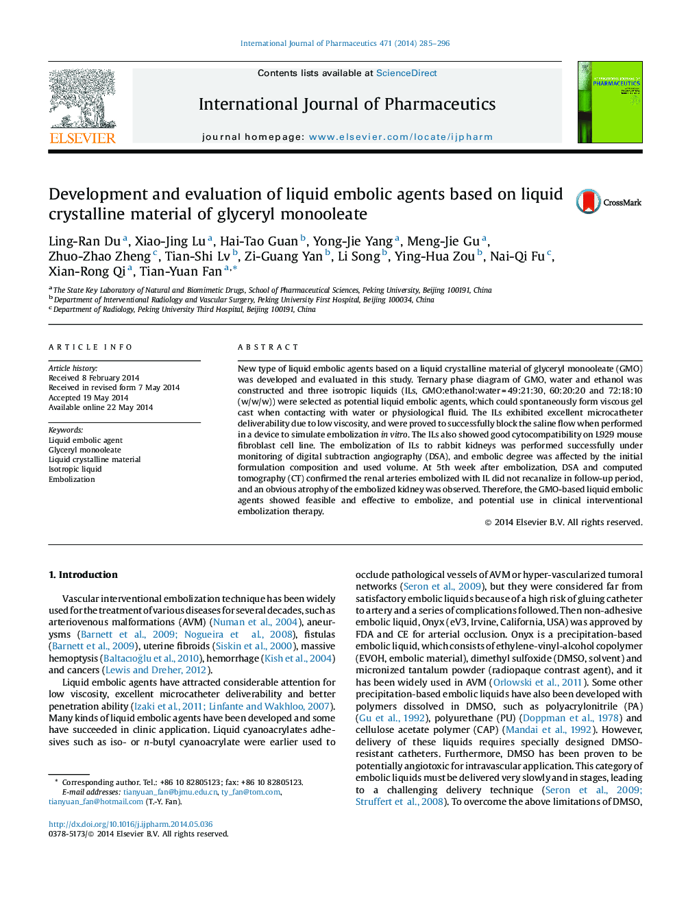 Development and evaluation of liquid embolic agents based on liquid crystalline material of glyceryl monooleate