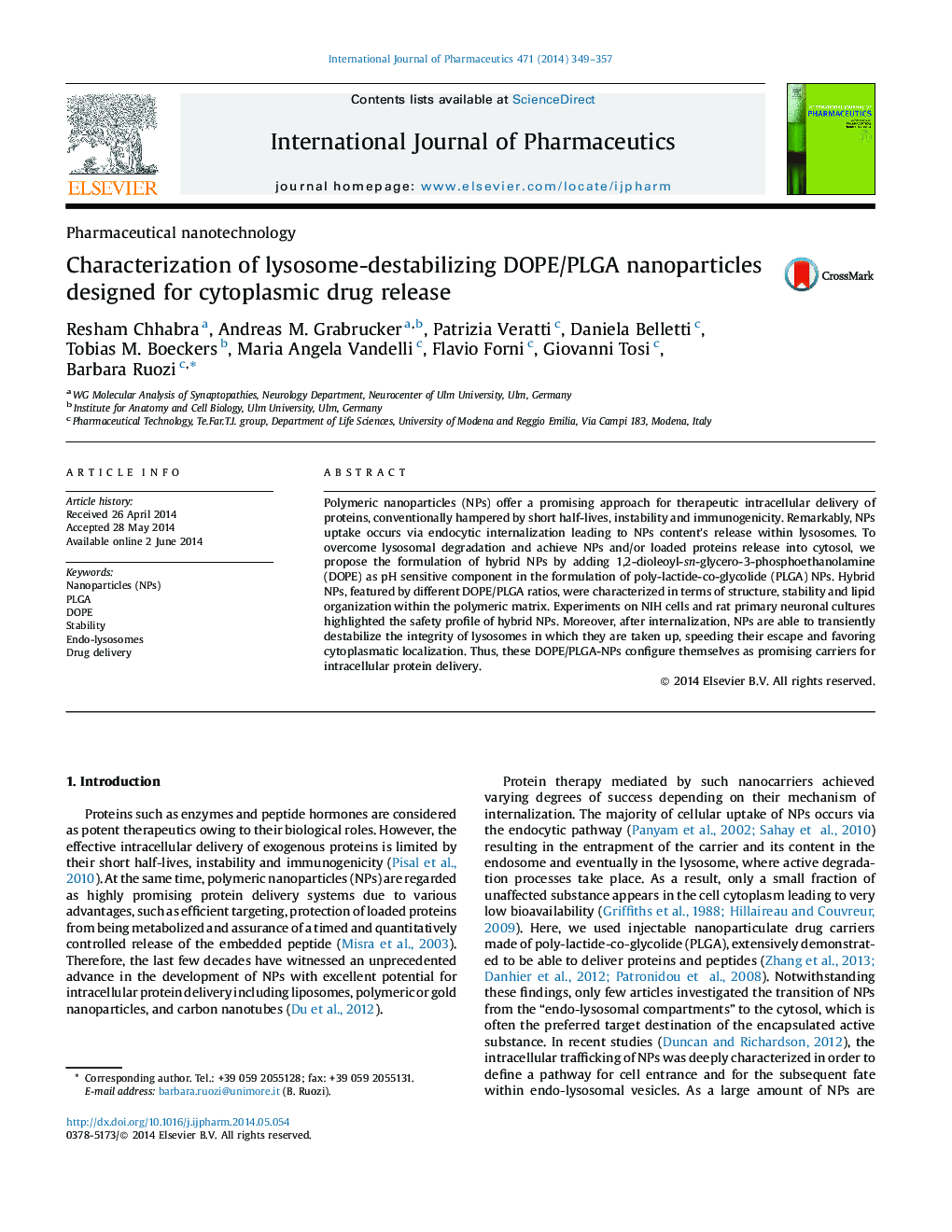Characterization of lysosome-destabilizing DOPE/PLGA nanoparticles designed for cytoplasmic drug release