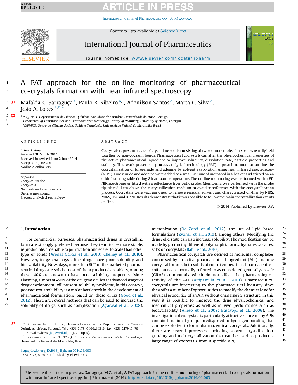 A PAT approach for the on-line monitoring of pharmaceutical co-crystals formation with near infrared spectroscopy