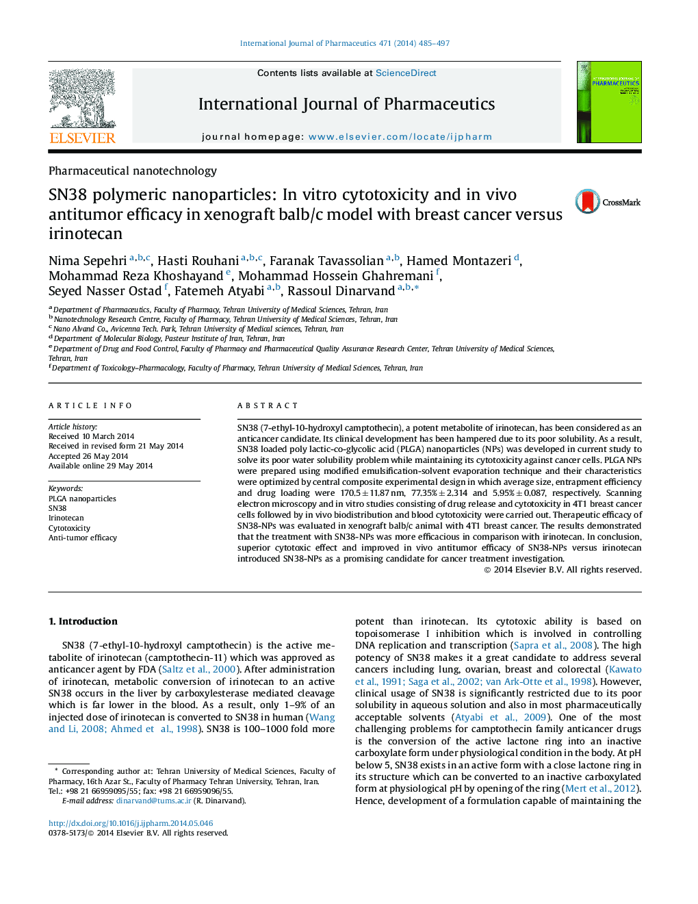 SN38 polymeric nanoparticles: In vitro cytotoxicity and in vivo antitumor efficacy in xenograft balb/c model with breast cancer versus irinotecan