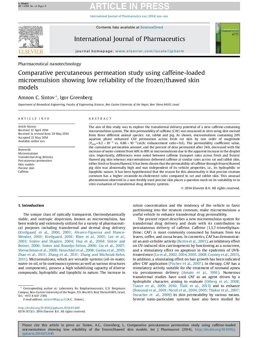 Comparative percutaneous permeation study using caffeine-loaded microemulsion showing low reliability of the frozen/thawed skin models