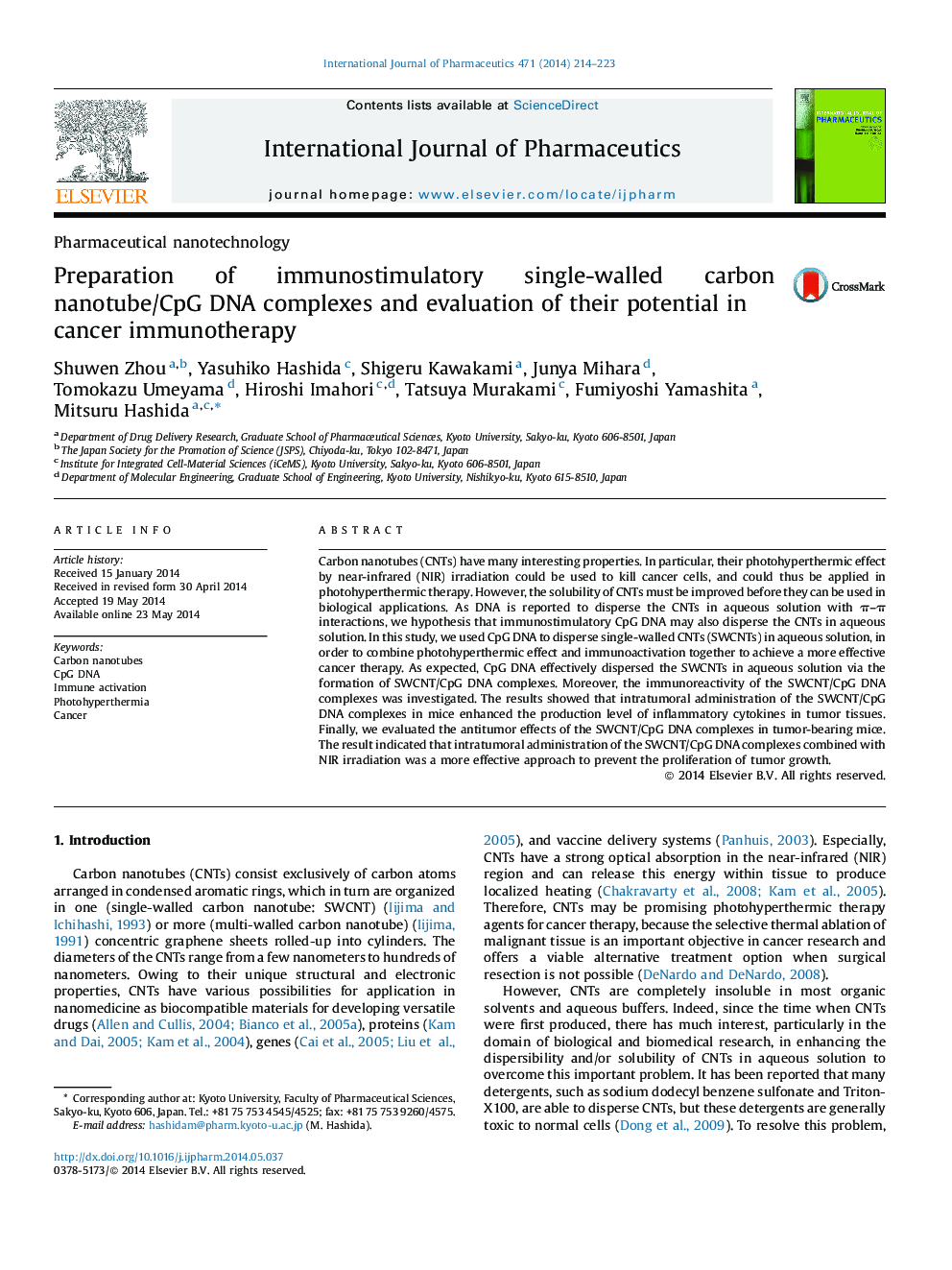 Pharmaceutical nanotechnologyPreparation of immunostimulatory single-walled carbon nanotube/CpG DNA complexes and evaluation of their potential in cancer immunotherapy