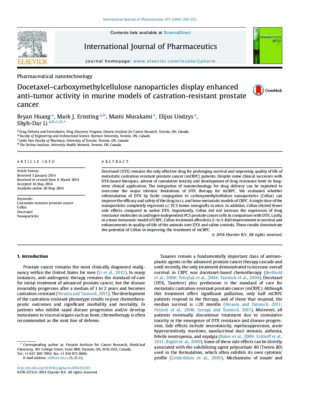Docetaxel-carboxymethylcellulose nanoparticles display enhanced anti-tumor activity in murine models of castration-resistant prostate cancer