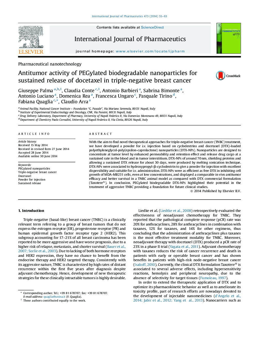 Antitumor activity of PEGylated biodegradable nanoparticles for sustained release of docetaxel in triple-negative breast cancer