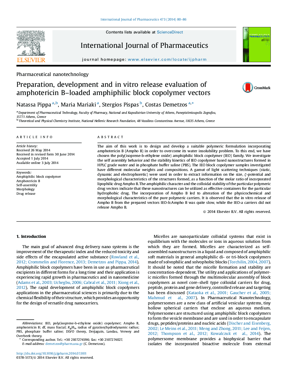 Pharmaceutical nanotechnologyPreparation, development and in vitro release evaluation of amphotericin B-loaded amphiphilic block copolymer vectors