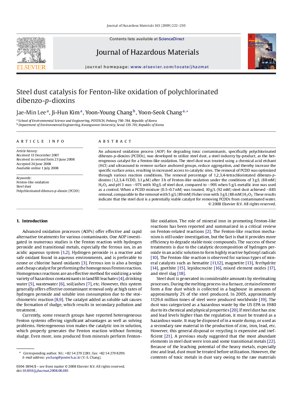 Steel dust catalysis for Fenton-like oxidation of polychlorinated dibenzo-p-dioxins