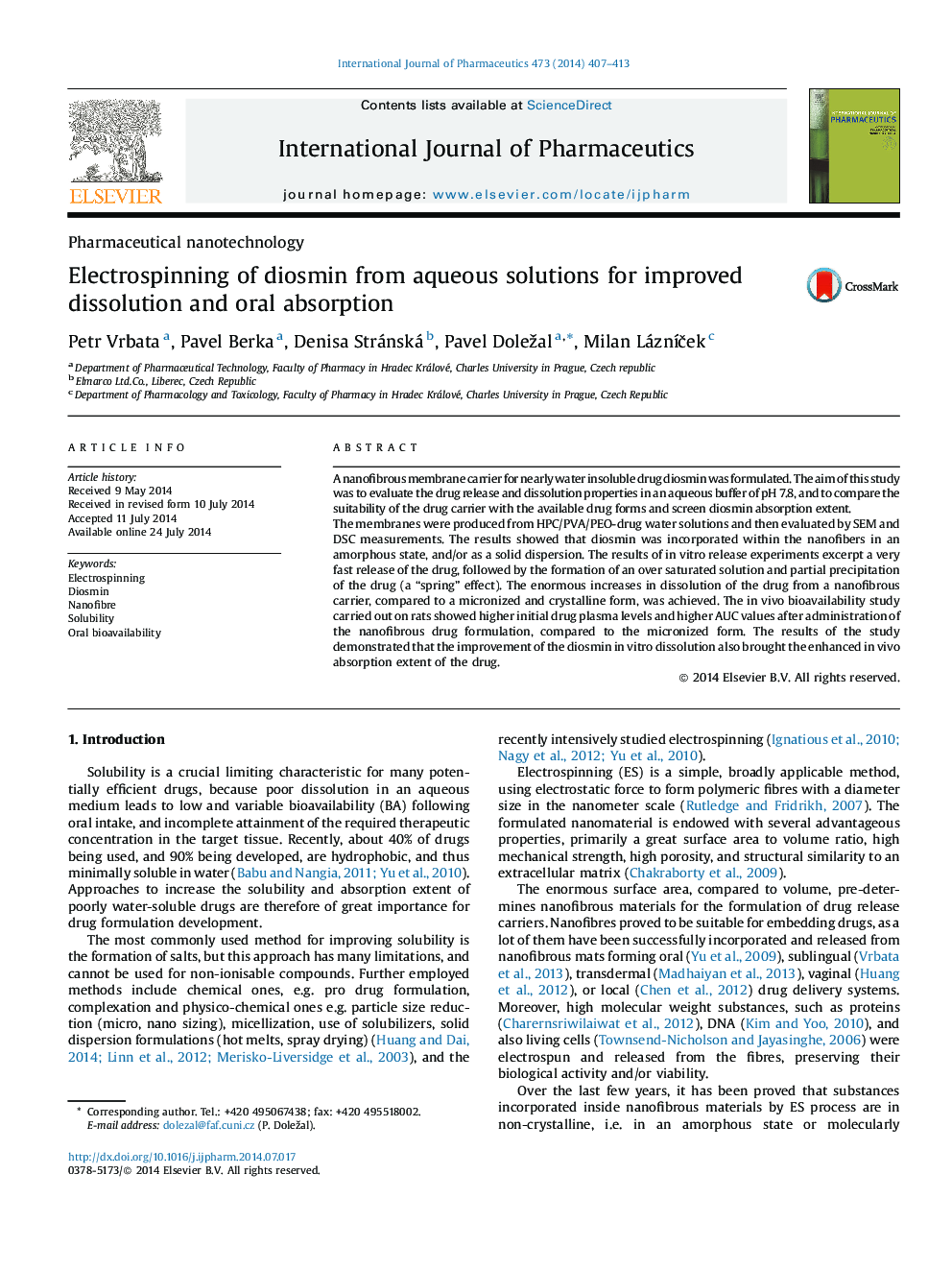 Pharmaceutical nanotechnologyElectrospinning of diosmin from aqueous solutions for improved dissolution and oral absorption