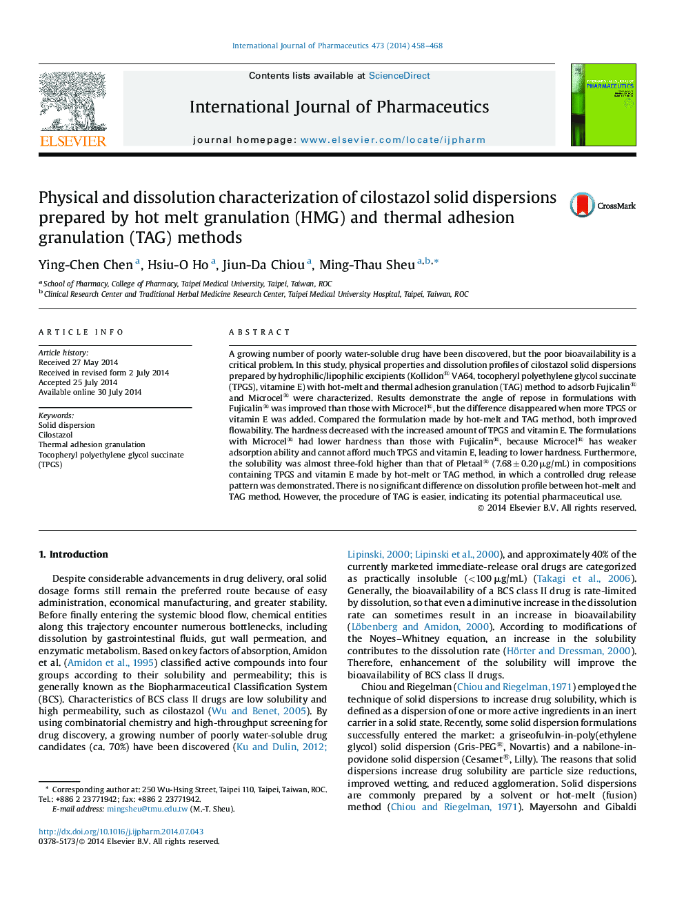 Physical and dissolution characterization of cilostazol solid dispersions prepared by hot melt granulation (HMG) and thermal adhesion granulation (TAG) methods