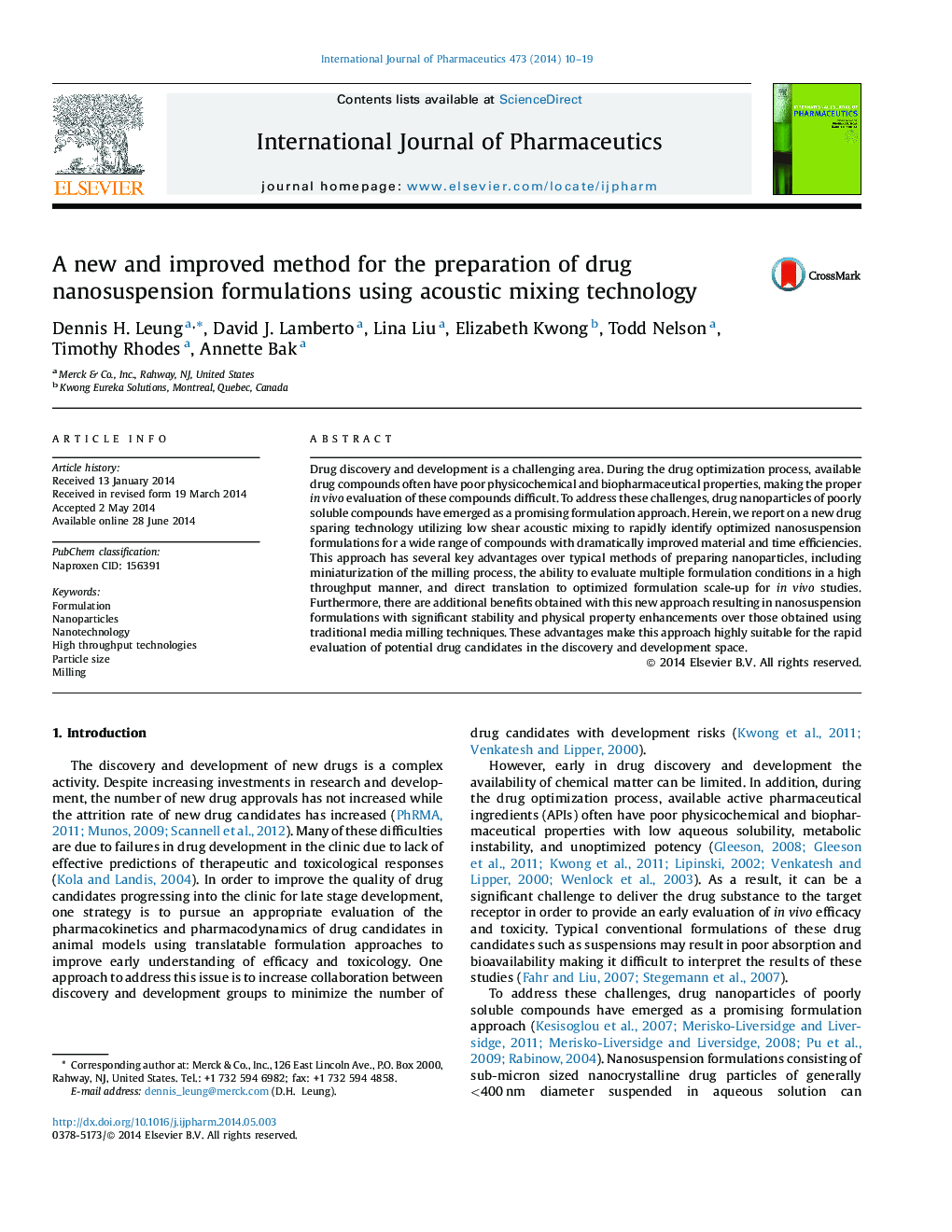 A new and improved method for the preparation of drug nanosuspension formulations using acoustic mixing technology