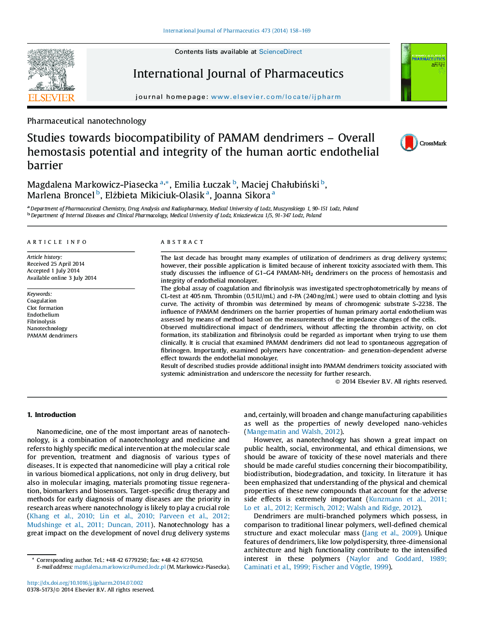 Studies towards biocompatibility of PAMAM dendrimers - Overall hemostasis potential and integrity of the human aortic endothelial barrier