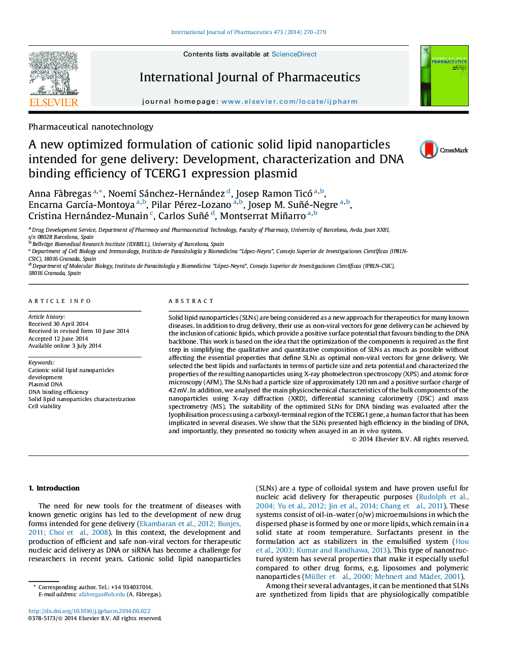 A new optimized formulation of cationic solid lipid nanoparticles intended for gene delivery: Development, characterization and DNA binding efficiency of TCERG1 expression plasmid