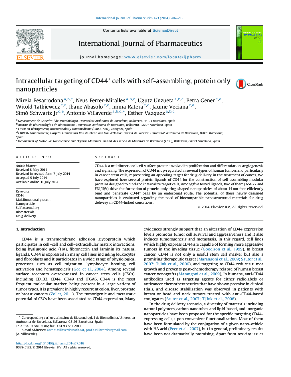 Intracellular targeting of CD44+ cells with self-assembling, protein only nanoparticles