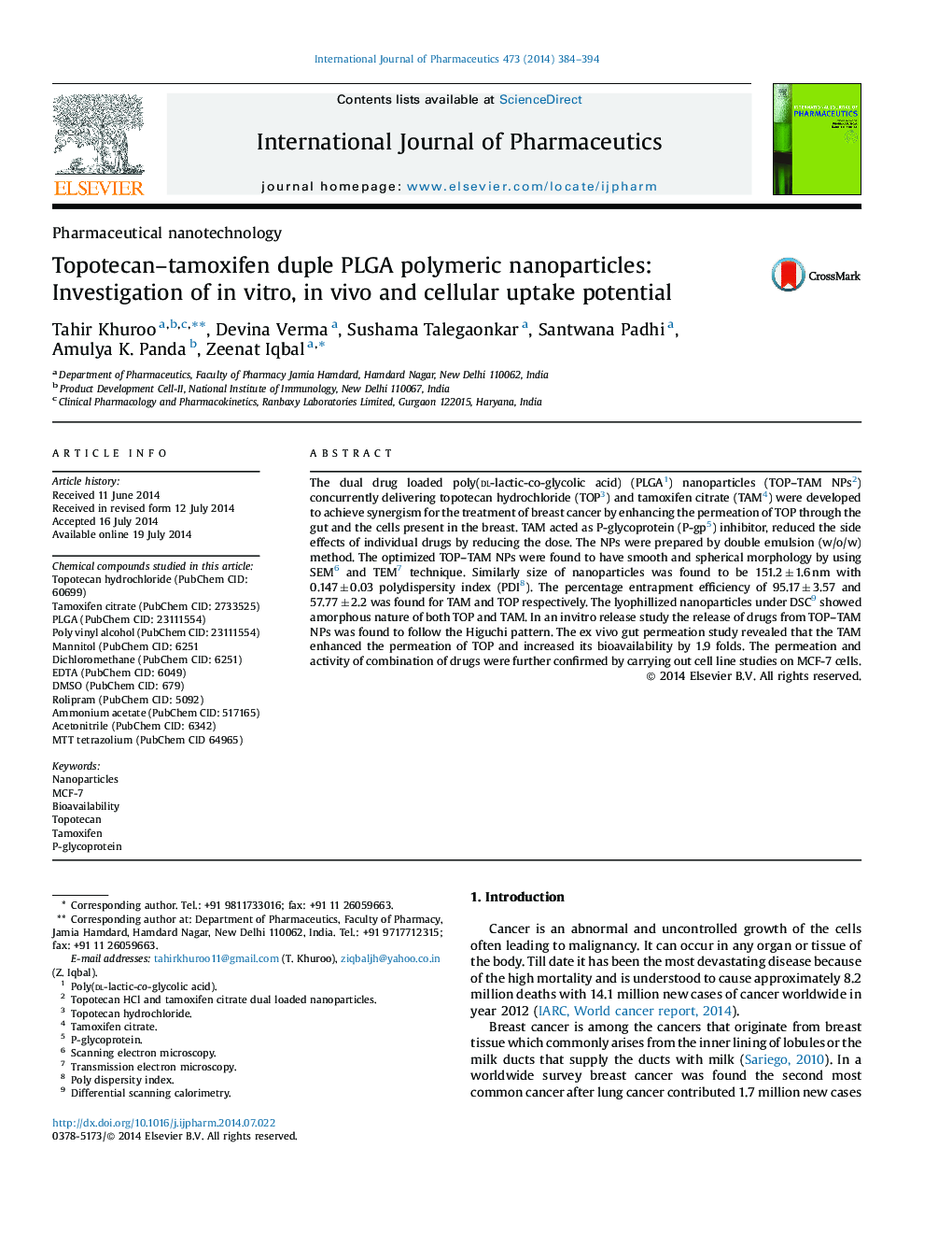 Topotecan-tamoxifen duple PLGA polymeric nanoparticles: Investigation of in vitro, in vivo and cellular uptake potential