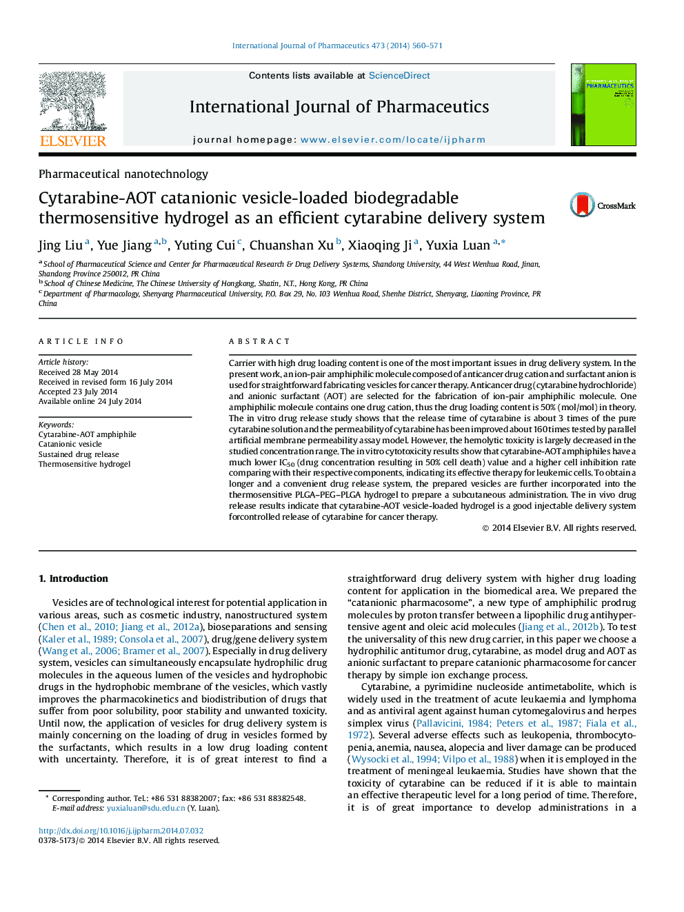 Pharmaceutical nanotechnologyCytarabine-AOT catanionic vesicle-loaded biodegradable thermosensitive hydrogel as an efficient cytarabine delivery system