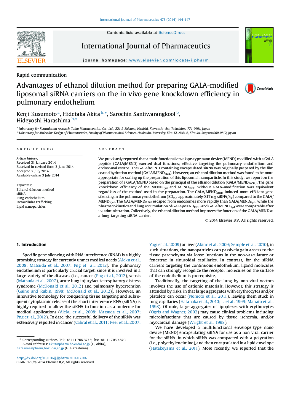 Rapid communicationAdvantages of ethanol dilution method for preparing GALA-modified liposomal siRNA carriers on the in vivo gene knockdown efficiency in pulmonary endothelium