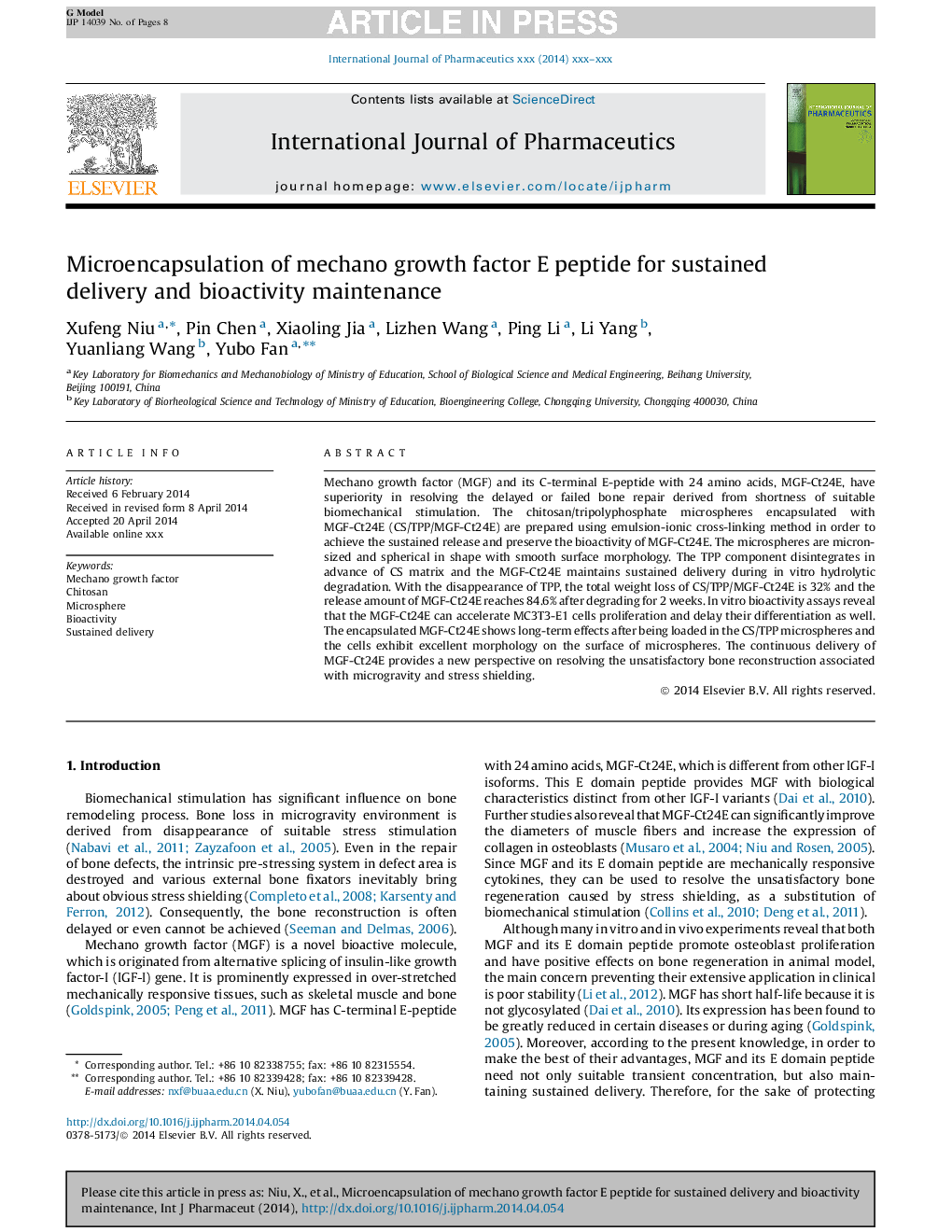 Microencapsulation of mechano growth factor E peptide for sustained delivery and bioactivity maintenance