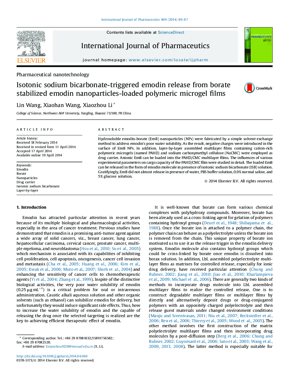 Pharmaceutical nanotechnologyIsotonic sodium bicarbonate-triggered emodin release from borate stabilized emodin nanoparticles-loaded polymeric microgel films