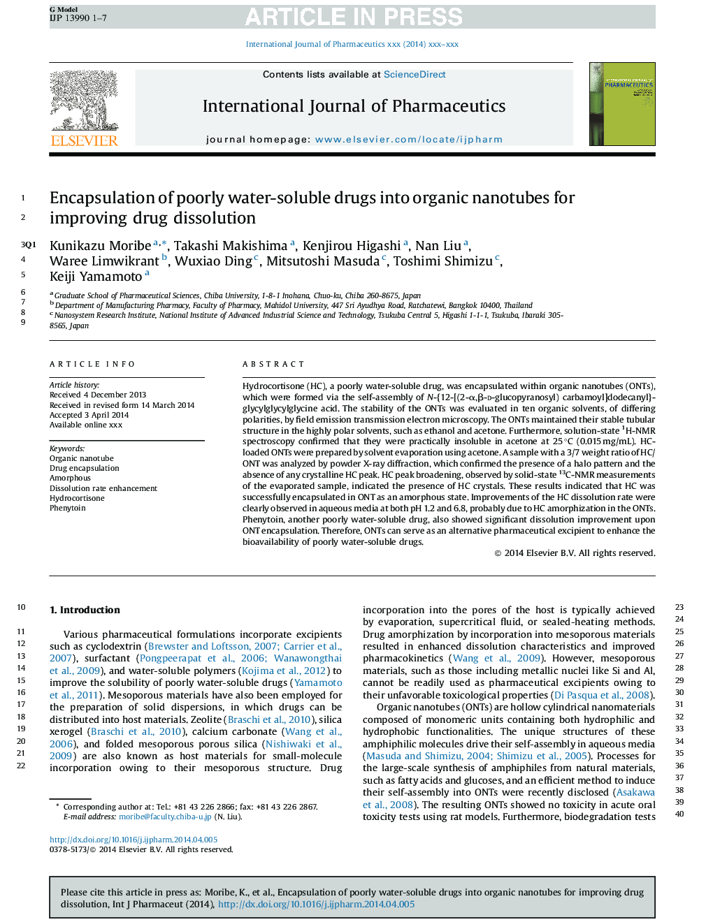 Encapsulation of poorly water-soluble drugs into organic nanotubes for improving drug dissolution