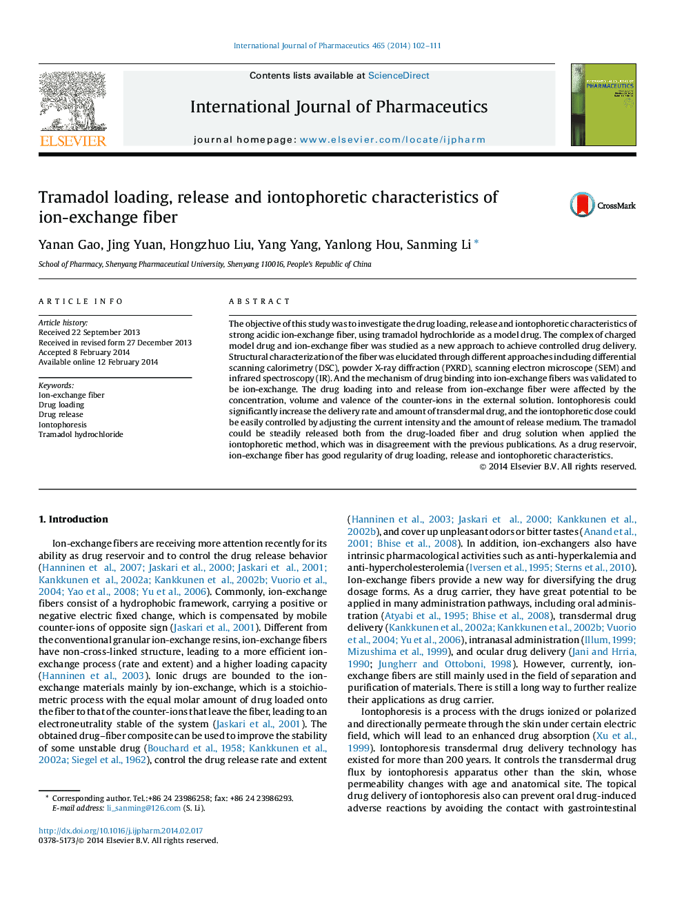 Tramadol loading, release and iontophoretic characteristics of ion-exchange fiber