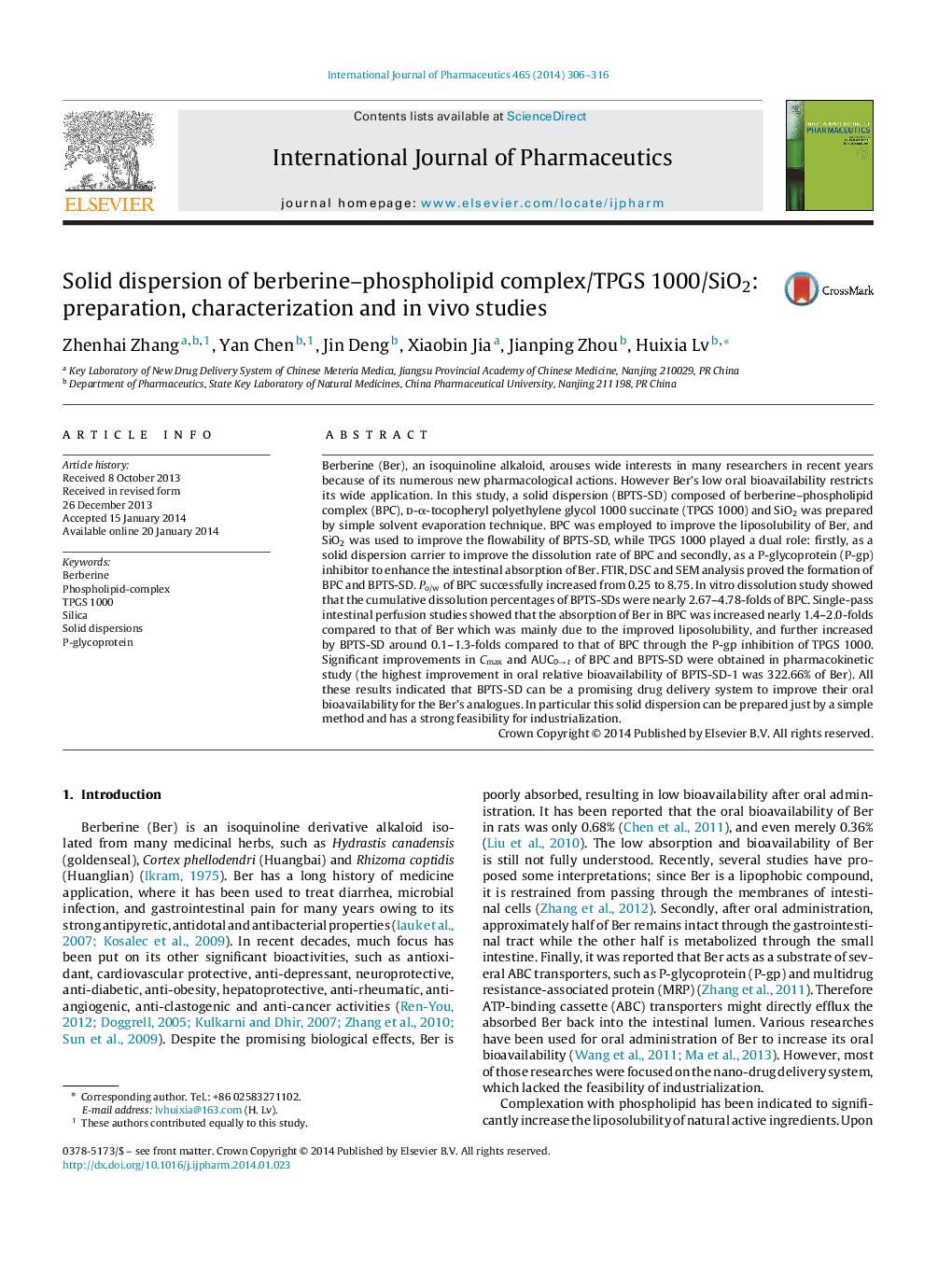 Solid dispersion of berberine-phospholipid complex/TPGS 1000/SiO2: preparation, characterization and in vivo studies