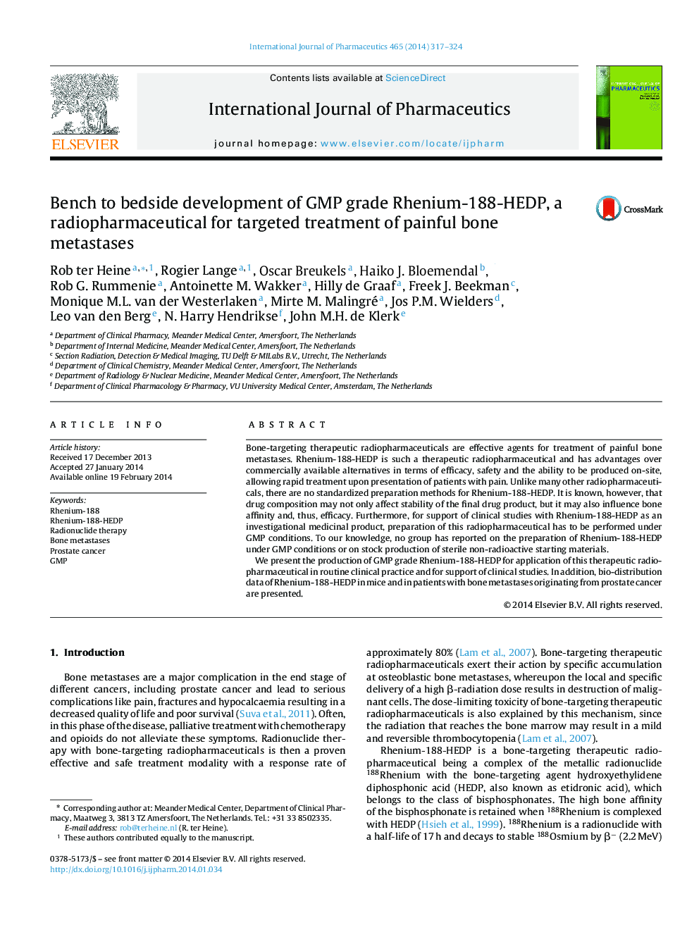 Bench to bedside development of GMP grade Rhenium-188-HEDP, a radiopharmaceutical for targeted treatment of painful bone metastases