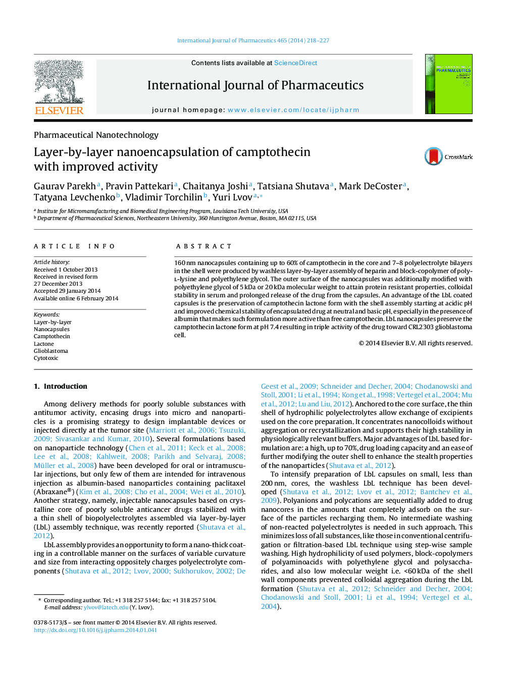 Layer-by-layer nanoencapsulation of camptothecin with improved activity