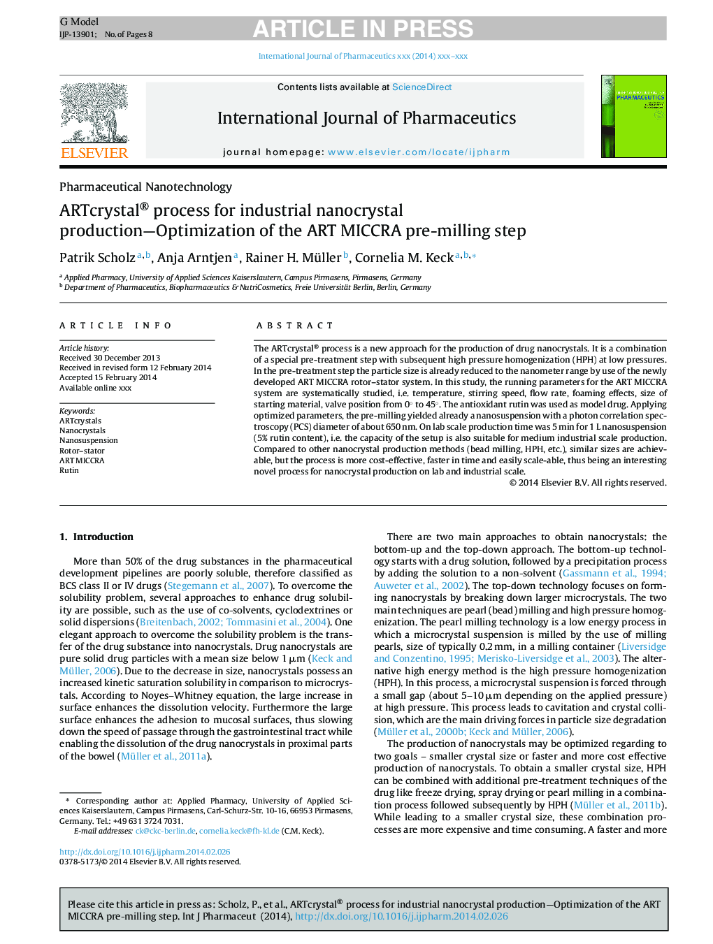 ARTcrystal® process for industrial nanocrystal production-Optimization of the ART MICCRA pre-milling step