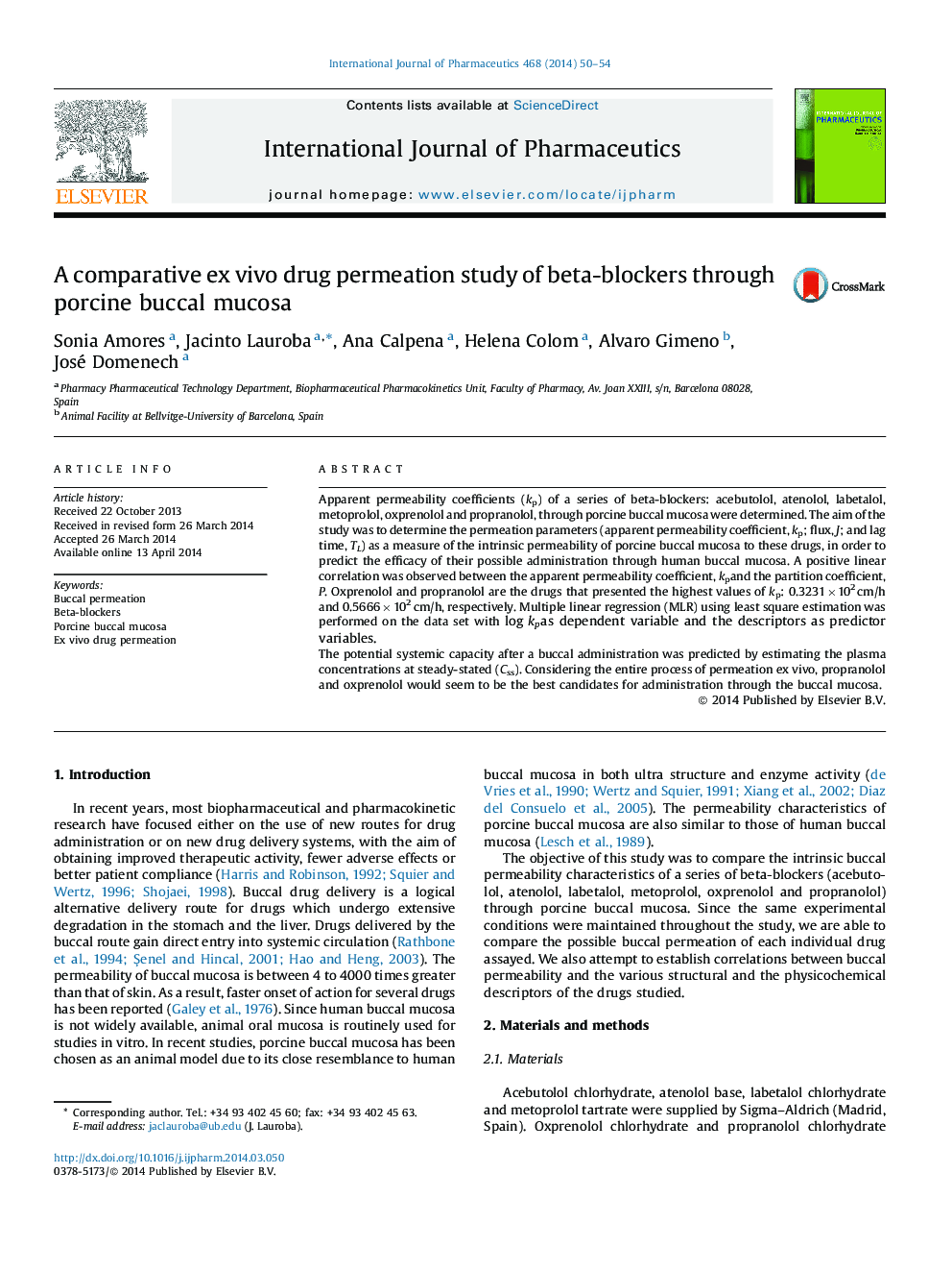 A comparative ex vivo drug permeation study of beta-blockers through porcine buccal mucosa