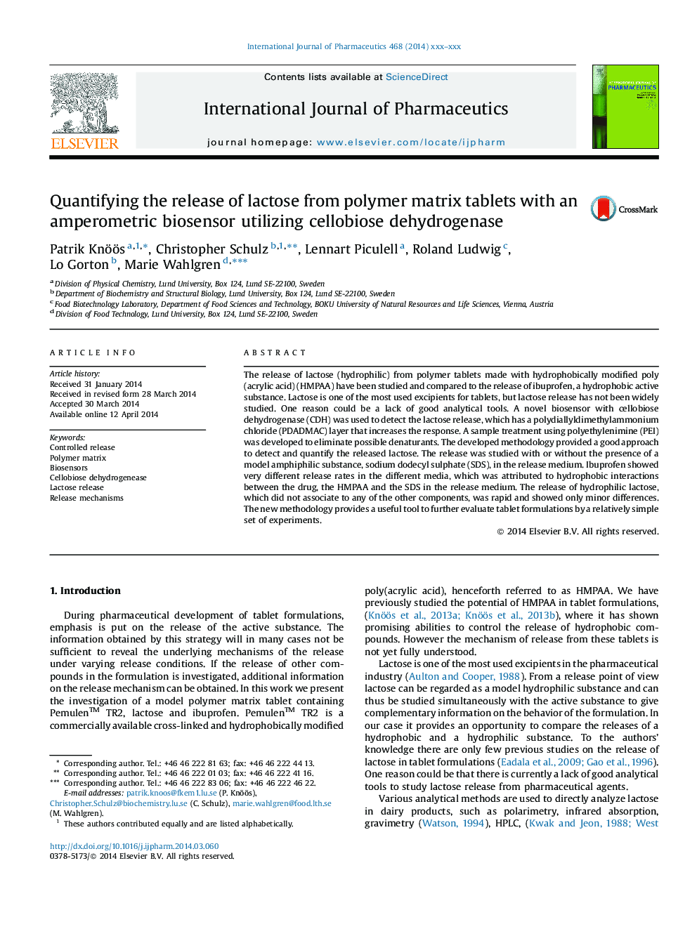 Quantifying the release of lactose from polymer matrix tablets with an amperometric biosensor utilizing cellobiose dehydrogenase