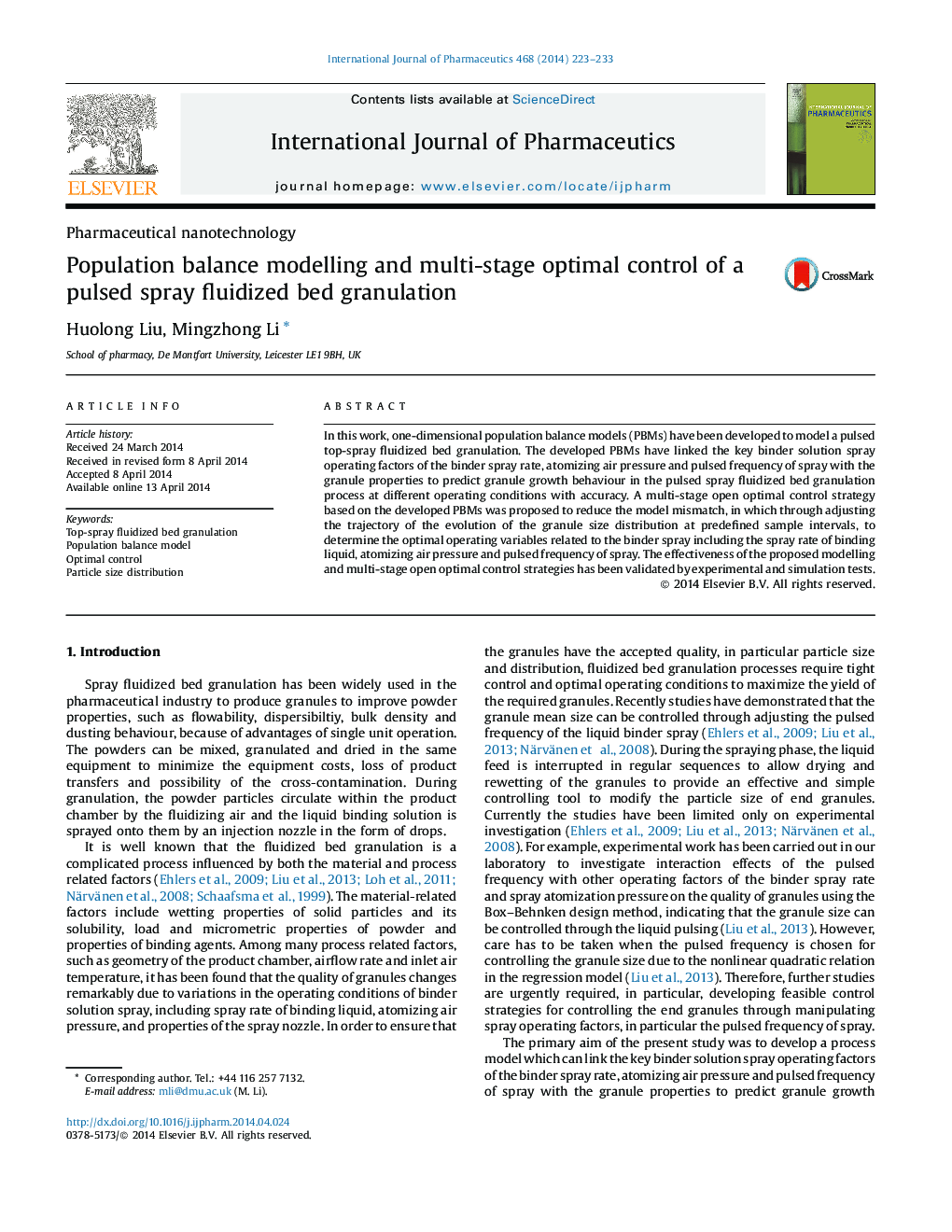 مدل سازی توازن جمعیتی و کنترل بهینه چند مرحله ای از گرانولاسیون تخت مایع اسپری پالسی 
