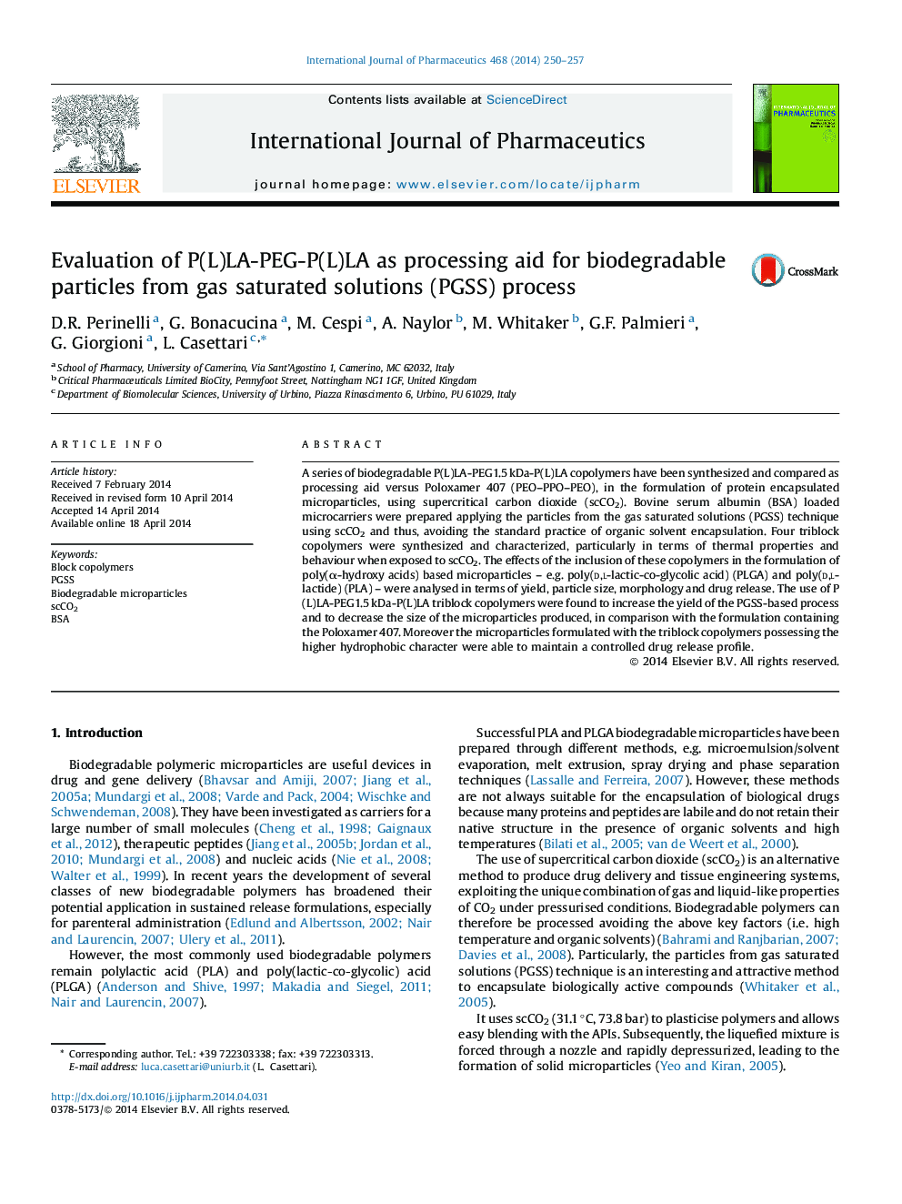 Evaluation of P(L)LA-PEG-P(L)LA as processing aid for biodegradable particles from gas saturated solutions (PGSS) process