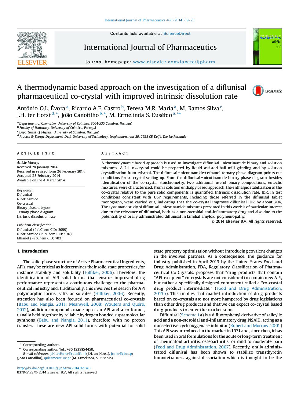 A thermodynamic based approach on the investigation of a diflunisal pharmaceutical co-crystal with improved intrinsic dissolution rate